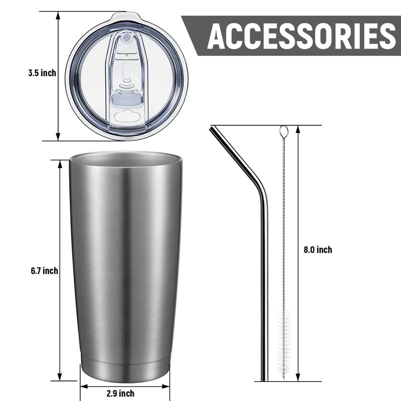 COMOOO 20oz Stainless Steel Tumbler Bulk Double Wall Vacuum Coffee Cup Insulated Travel Mug with Lid and Straw Durable Powder Coated Insulated Coffee Cup for Cold & Hot Drinks (silver, 8 pack - Image 3
